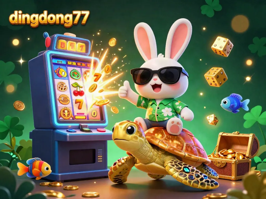 Play engaging games at dingdong77 with a cartoon lucky rabbit and golden sea turtle in a vibrant casino scene.