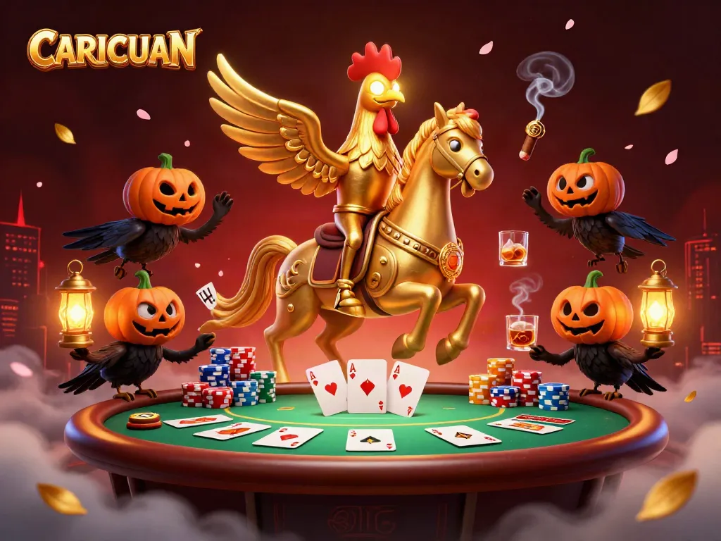 Experience the thrilling atmosphere of CARICUAN with a golden rooster in a midnight casino.