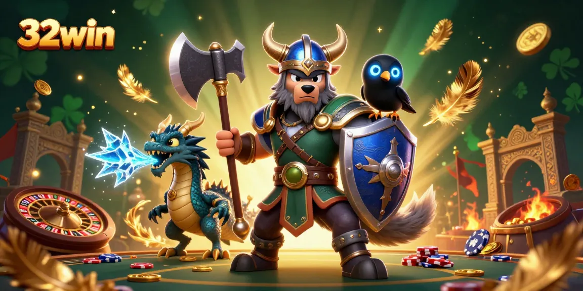 Experience thrilling gameplay at 32win with our dynamic Viking casino illustration featuring epic characters and magical elements.