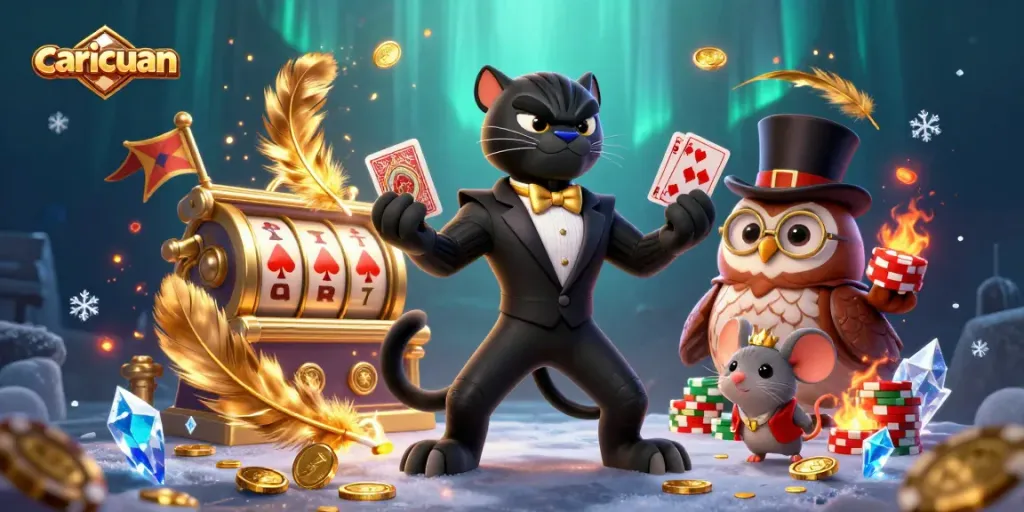 Engage in thrilling gameplay with caricuan's vibrant 3D cartoon characters in the casino scene.
