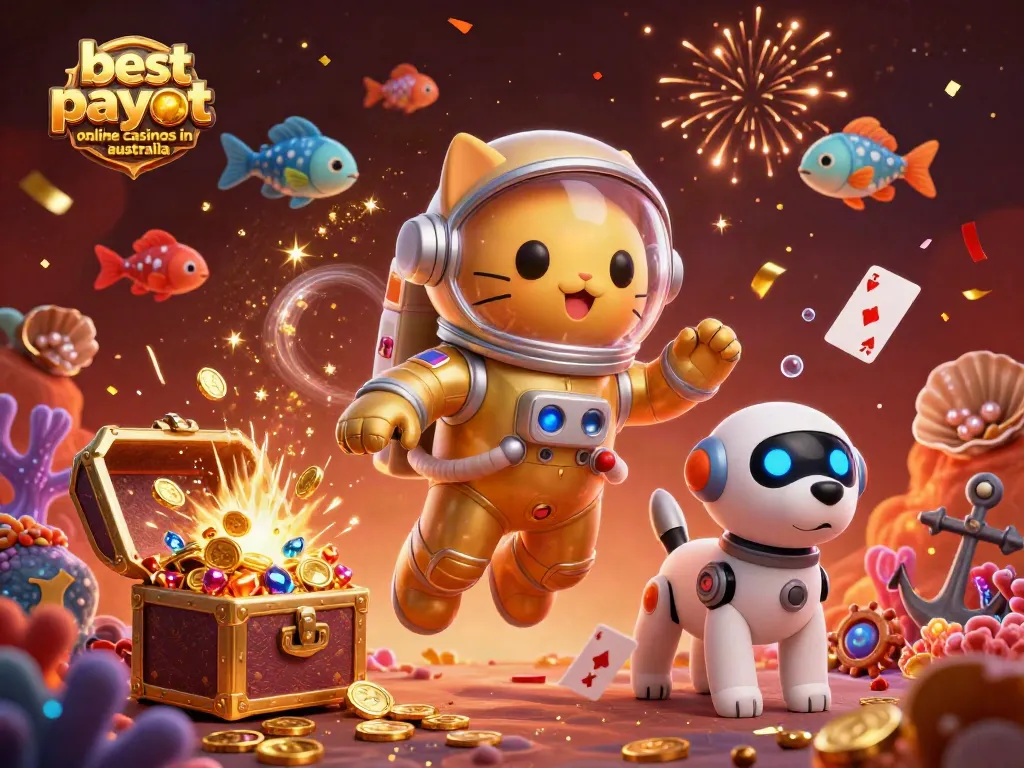 Experience the thrill at the best payout online casinos in Australia, featuring vibrant scenes with a space cat and treasures.