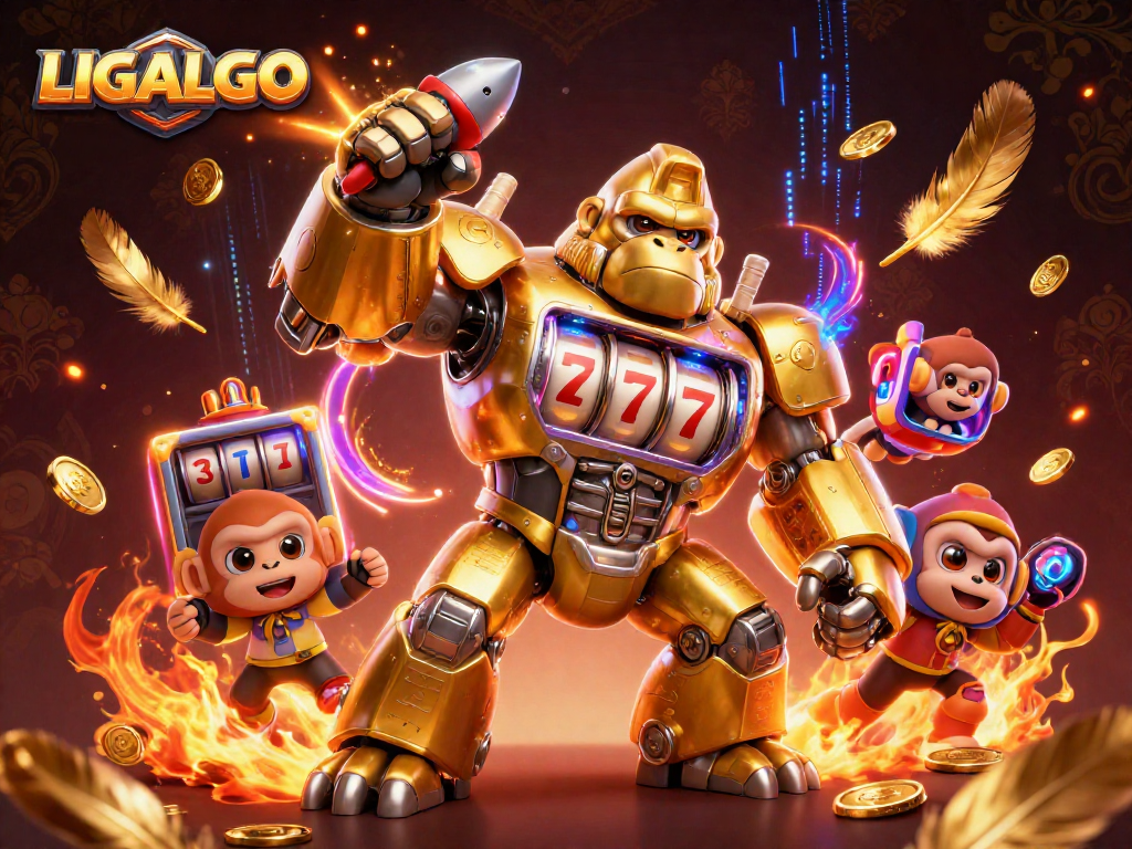 LIGALGO empowers players with a dynamic 3D scene featuring a golden gorilla mech and slot machine elements.