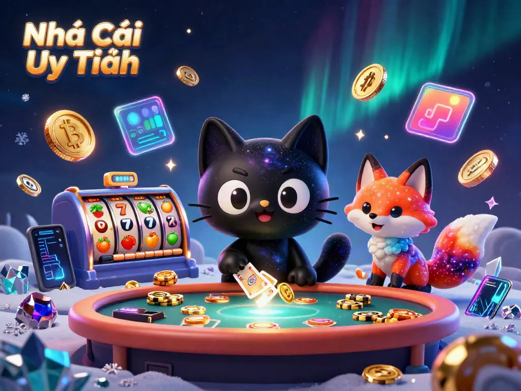 A 3D cartoon black hole cat and nebula fox promote Nhà Cái Uy Tín at a casino table with colorful slot symbols.
