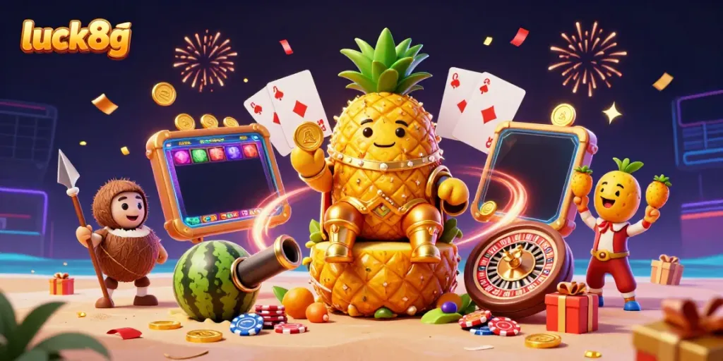 Catch the excitement of luck8g in a vibrant 3D casino scene featuring a golden pineapple king, bodyguards, and jester.