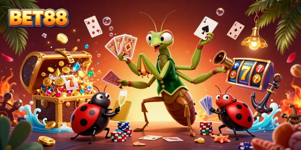 Experience thrilling gameplay with BET88 as animated characters engage in a colorful casino atmosphere.
