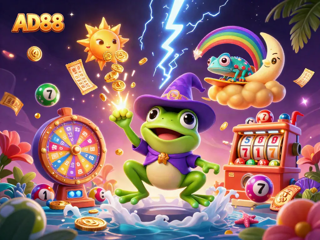 Experience the thrilling world of AD88 with a vibrant casino adventure amidst golden storms and colorful gaming elements.