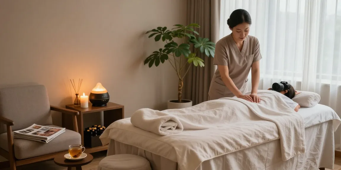 Relaxing spa environment for 안양출장안마 with soothing lights, massage table, and calming decor.
