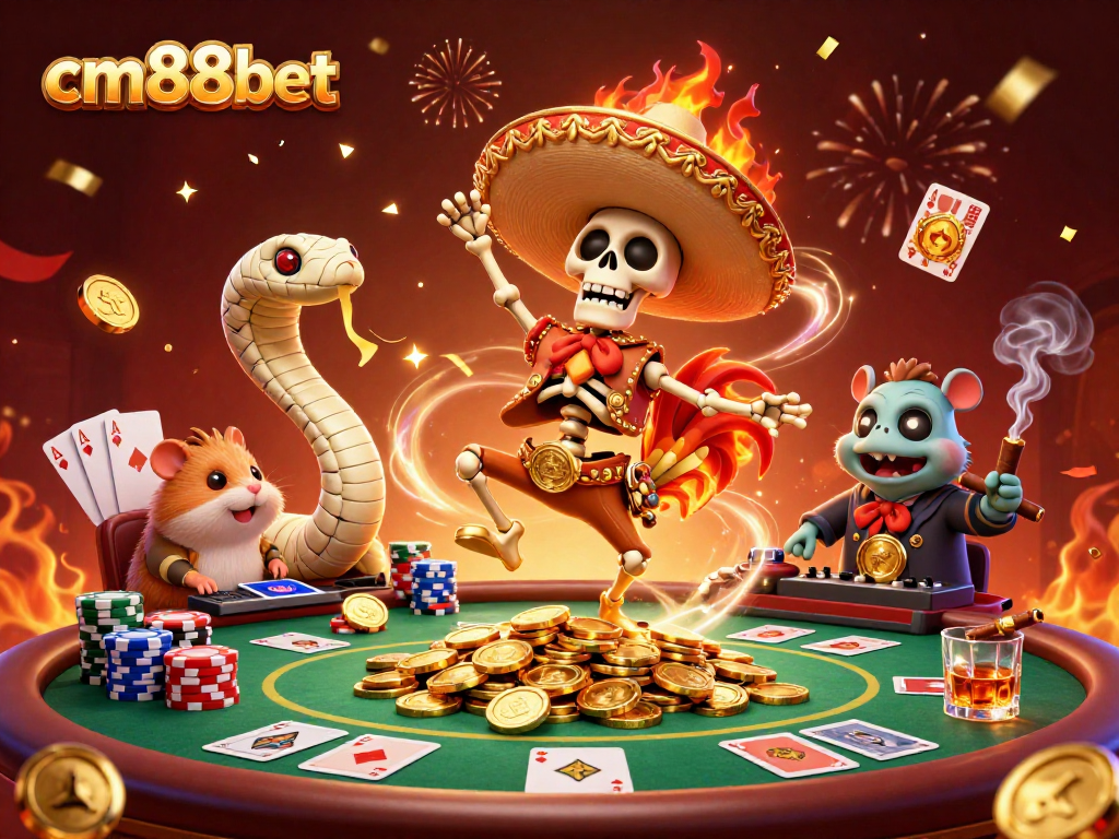 Jump into cm88bet's excitement with a festive victory scene featuring a mariachis rooster, mummy snake, and DJ hamster.