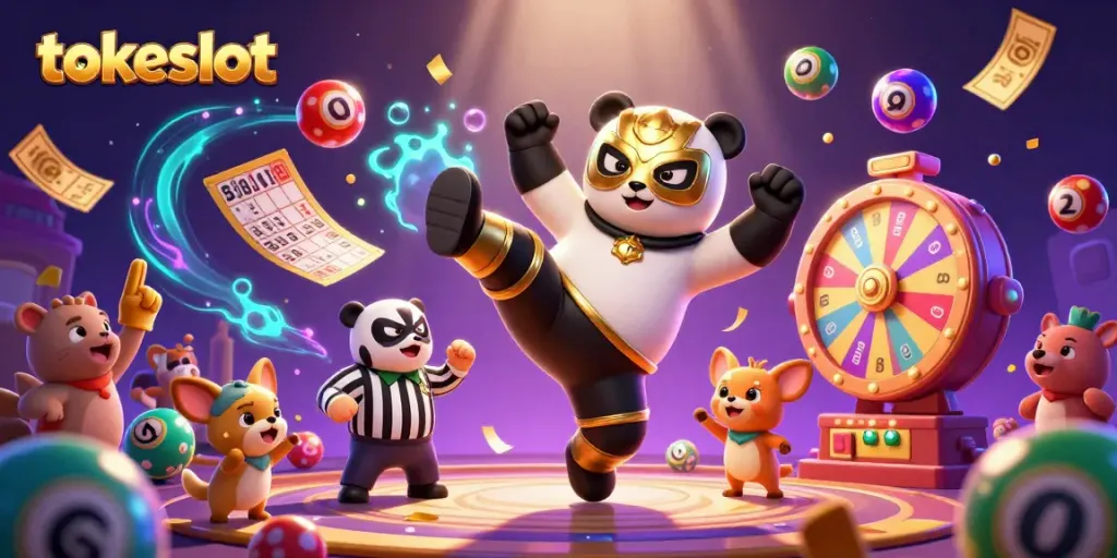 TokeSlot showcases a lively casino scene with a panda wrestler and animal fans during exciting gaming action.