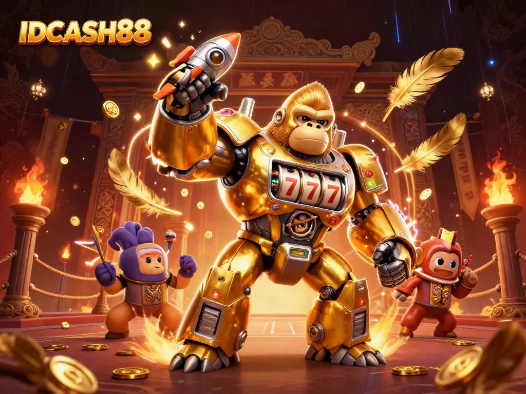 Experience thrilling gameplay with IDCASH88 featuring a golden gorilla mech, vibrant graphics, and exciting elements.