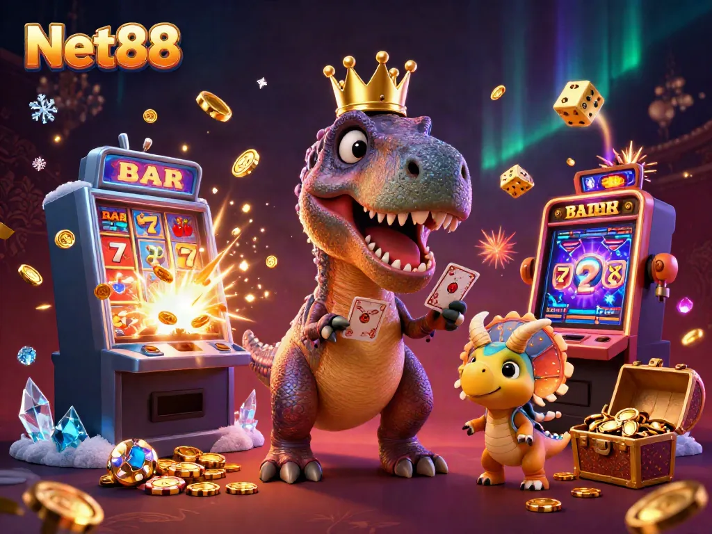 Net88 cartoon characters enjoying casino games with stacked chips and vibrant slot machine.
