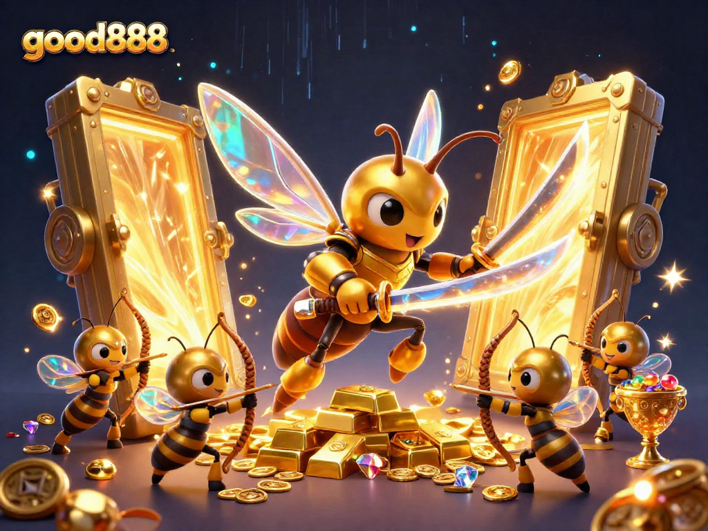 Experience the thrill of gaming at good888 with dynamic characters surrounded by treasures and casino elements.