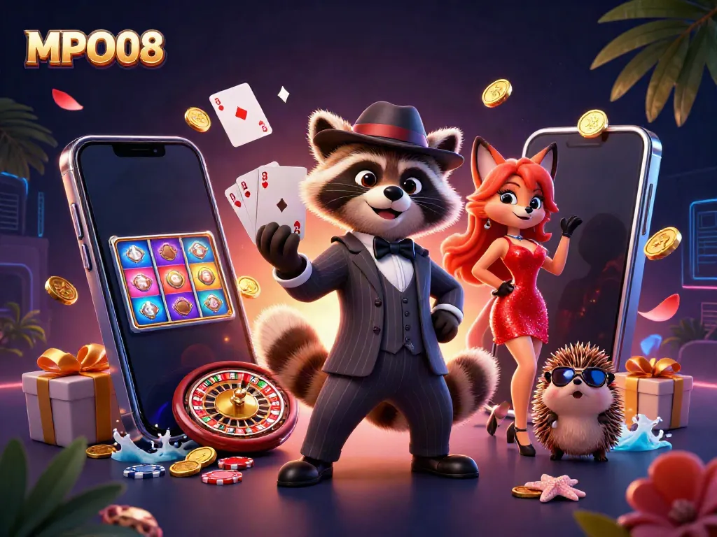 MPO08 showcasing a raccoon with a royal flush, fox lady, and hedgehog bouncer amid exciting slot game imagery.