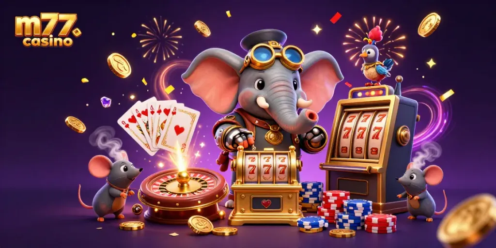 m77casino merayakan kemenangan di kasino dengan slot, koin emas dan kartu.