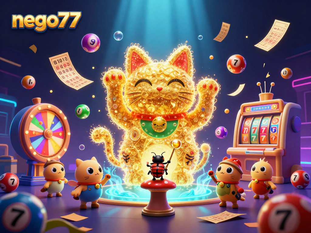 Engage with nego77's vibrant mix of lucky symbols and winning opportunities in this dynamic casino illustration.