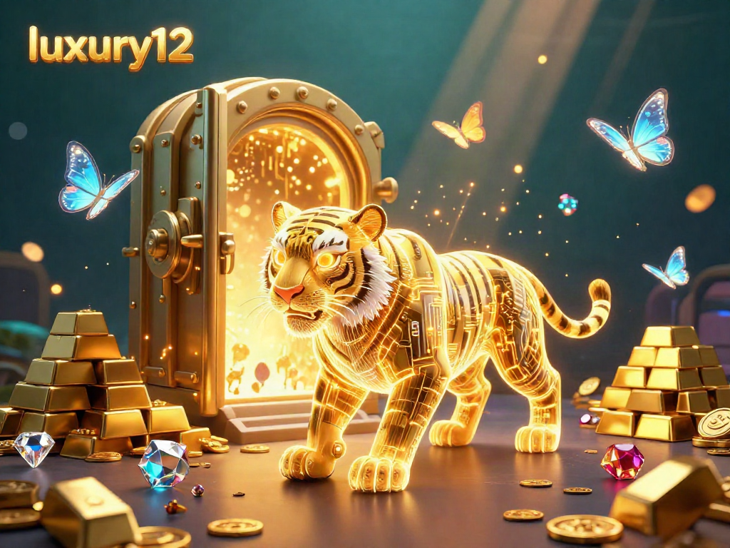 Experience luxury12 in a vibrant casino scene with a neon-wireframe golden tiger and dazzling treasures.