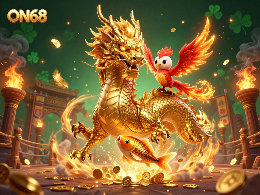 Experience the excitement of betting at ON68 with dynamic elements and a fierce dragon.