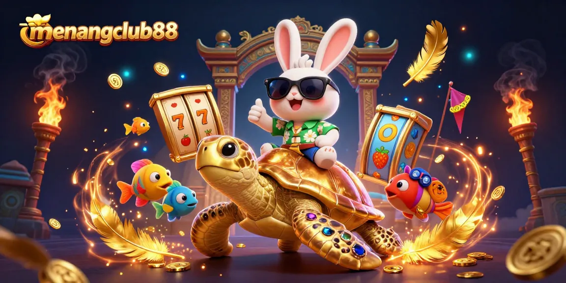 Experience winning excitement at menangclub88 with a vibrant lucky rabbit and golden turtle in a dynamic casino scene.