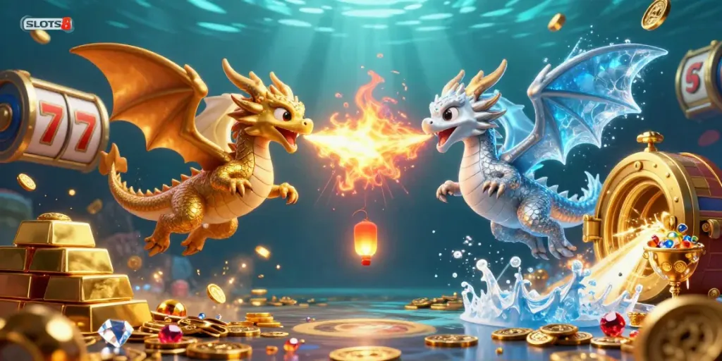 Engage in the adventure of SLOTS8 with golden dragons amidst riches and dynamic slot elements.