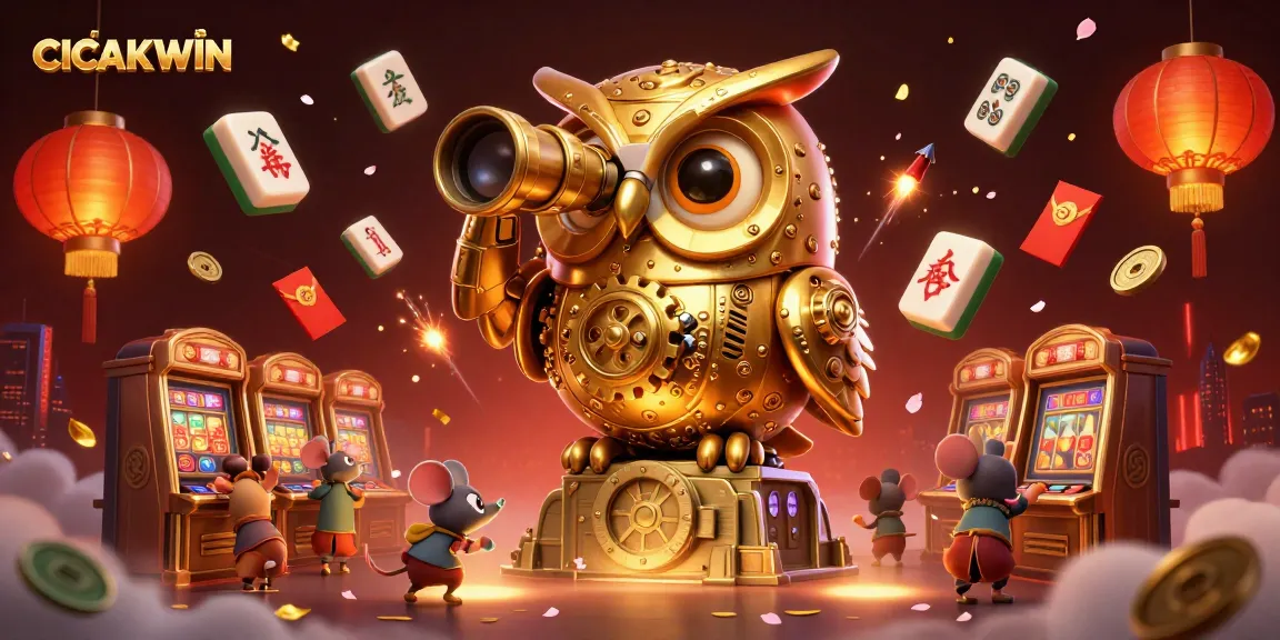 CICAKWIN menampilkan ilustrasi casino digital yang meriah dengan variasi elemen permainan dan simbol keberuntungan.