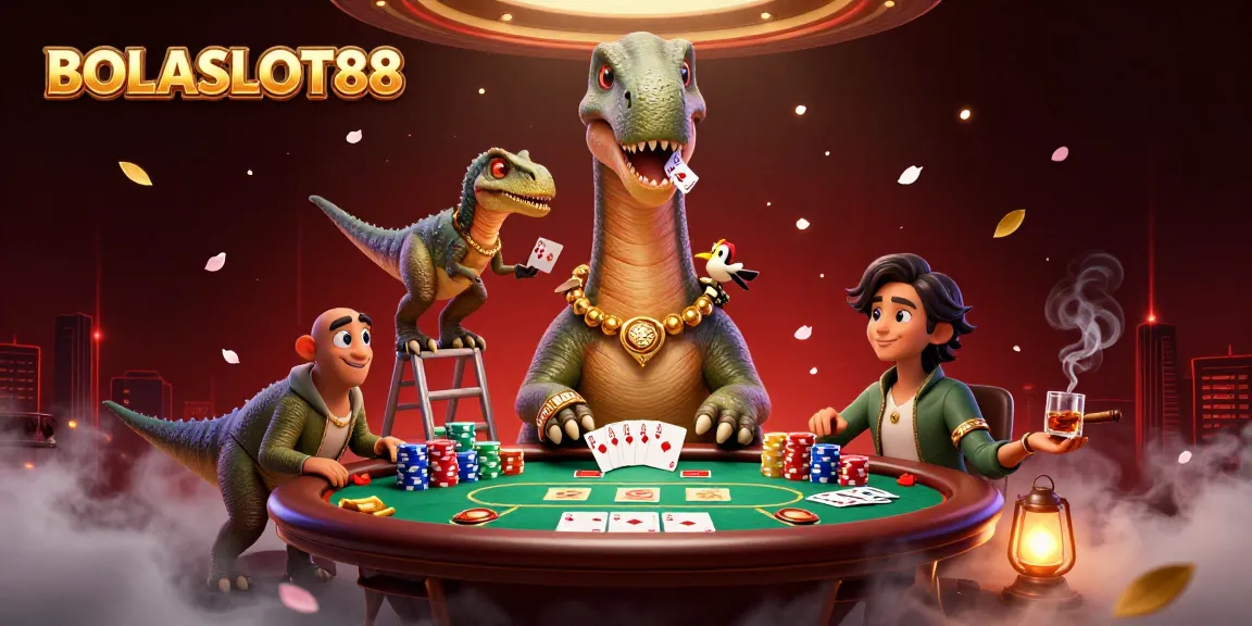 BOLASLOT88 menghadirkan suasana kasino 3D dengan dinosaurus dan raptor di meja poker.