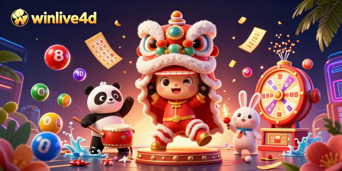 Winlive4d showcases a vibrant casino scene with characters dancing, lottery elements, and festive decorations.
